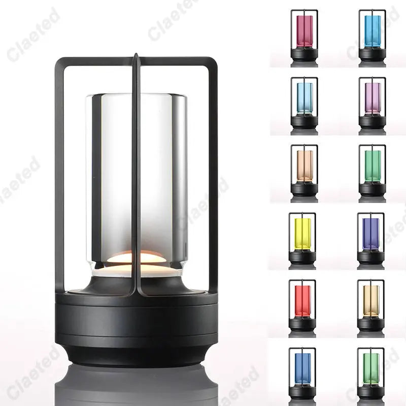 lampe torche moderne led transparente noir doré base métallique minimaliste lumière ambiance camping restaurant