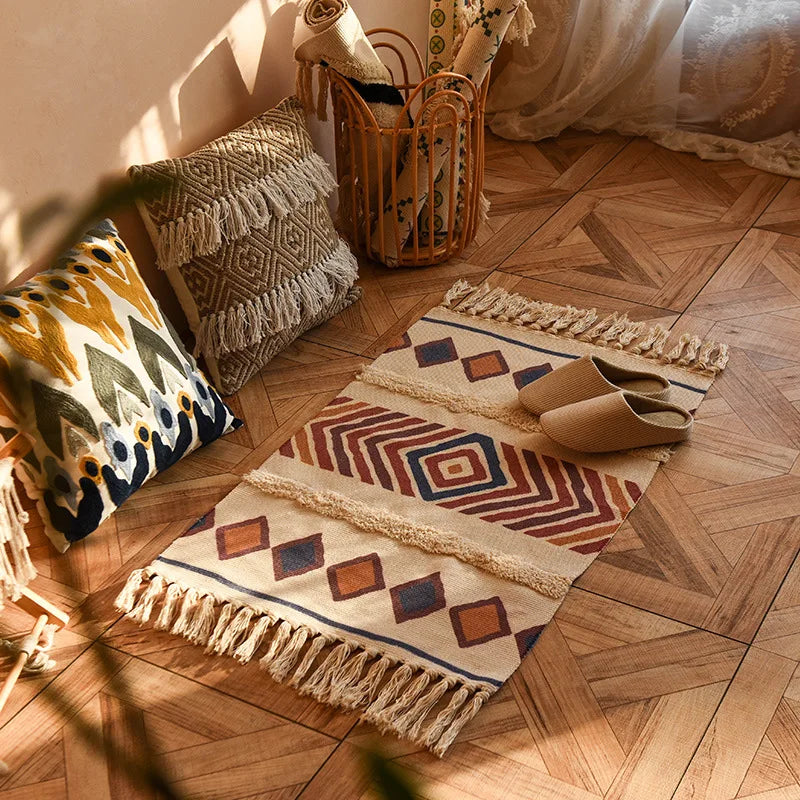 tapis boho chic géométrique coton pompons antidérapant intérieur étoiles cercles triangles