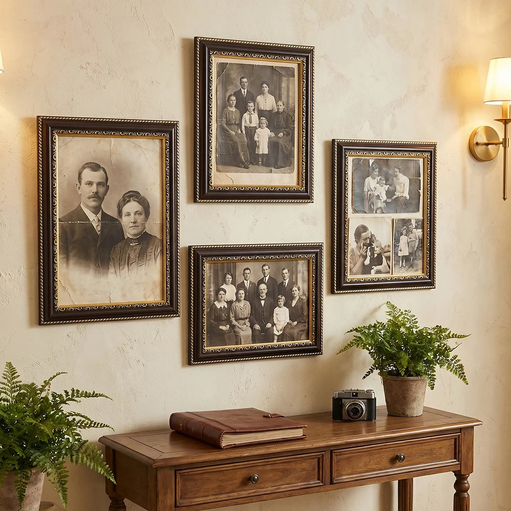 cadres photo acrylique mdf ornementés baroque vintage marron foncé table mur
