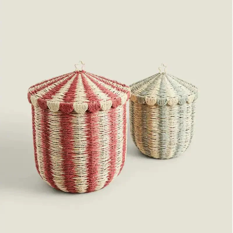 panier rangement rayé rouge blanc beige traditionnel réutilisable opacité petit grand chambre enfant