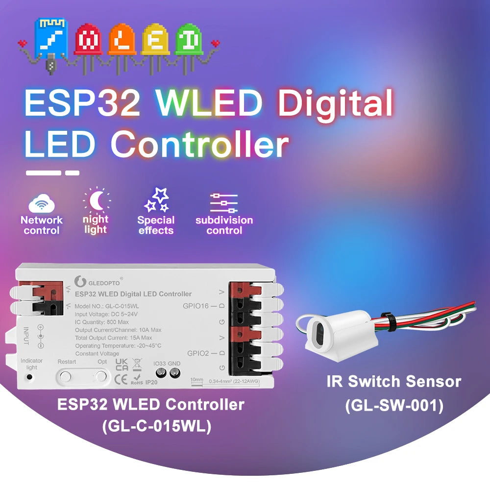 contrôleur led esp32 wled wifi rgbic digital bande lumineuse sensor interrupteur gestes blanc moderne