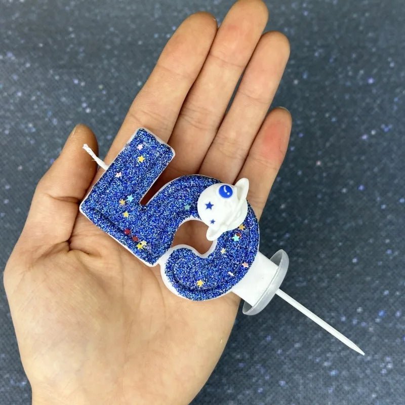 bougies numéraires bleu pailleté motif étoiles thème espace anniversaire mariage fiançailles tringle