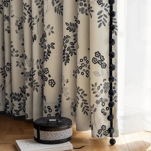 rideau moderne beige noir motif fleurs feuilles opaque salon chambre salon élégant tissu polyester