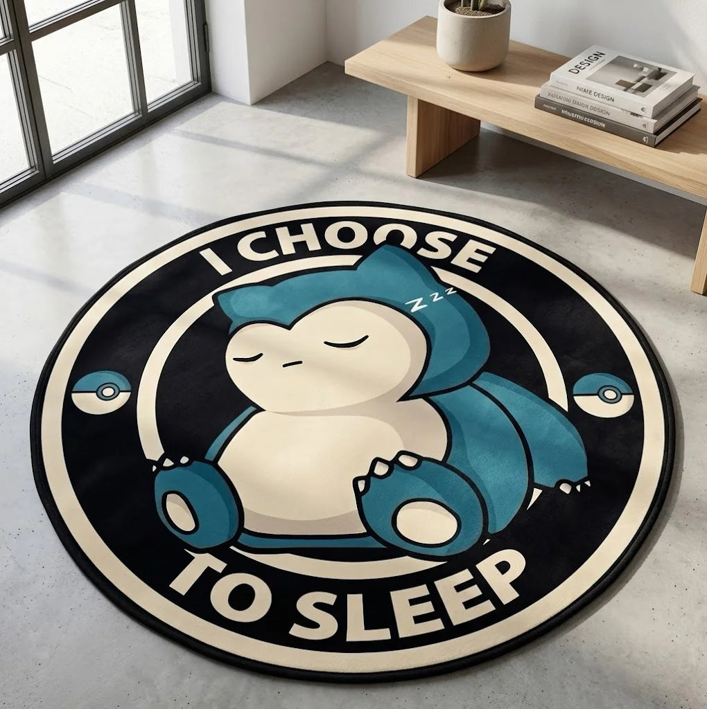 tapis rond snorlax pokémon bleu blanc noir choose to sleep pokeballs chambre coucher decoration