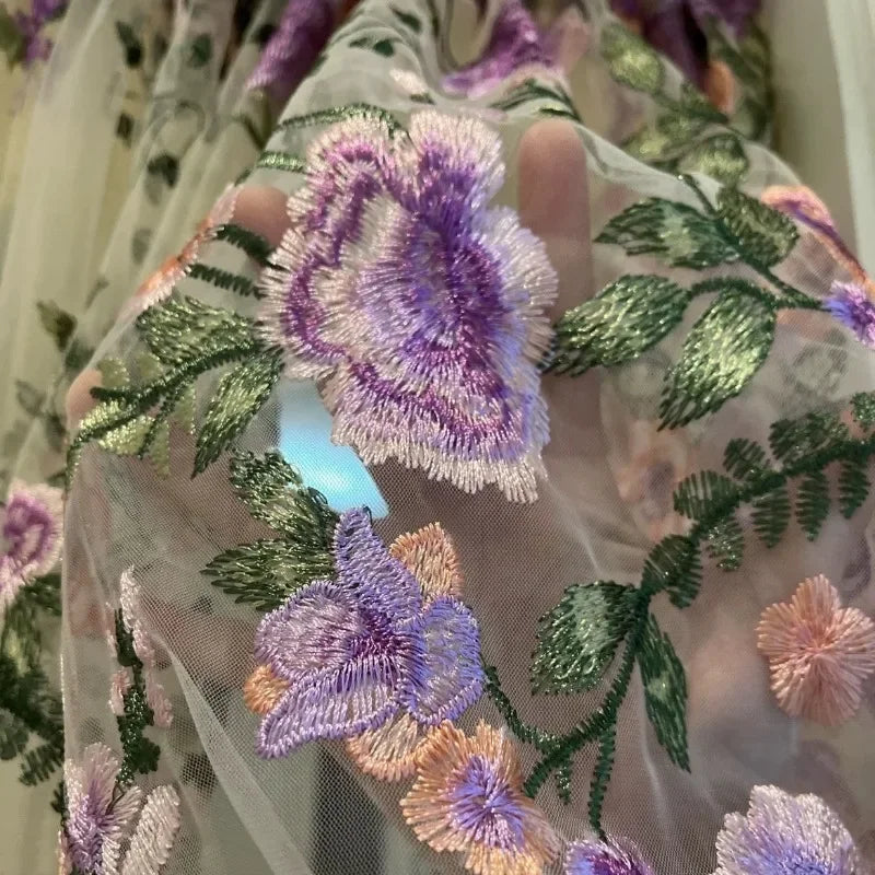 Rideau floral transparent brodé tulle papillons décoration romantique bohème maison