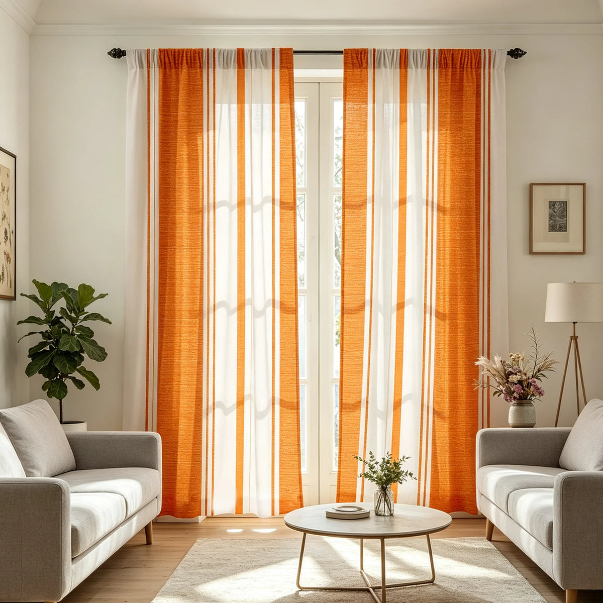 rideau vertical rayures orange blanc moderne minimaliste deux pièces salon translucent polyester