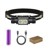 lampe frontale led rechargeable usb camping chasse batterie 18650 rouge blanche fixations différentes modes