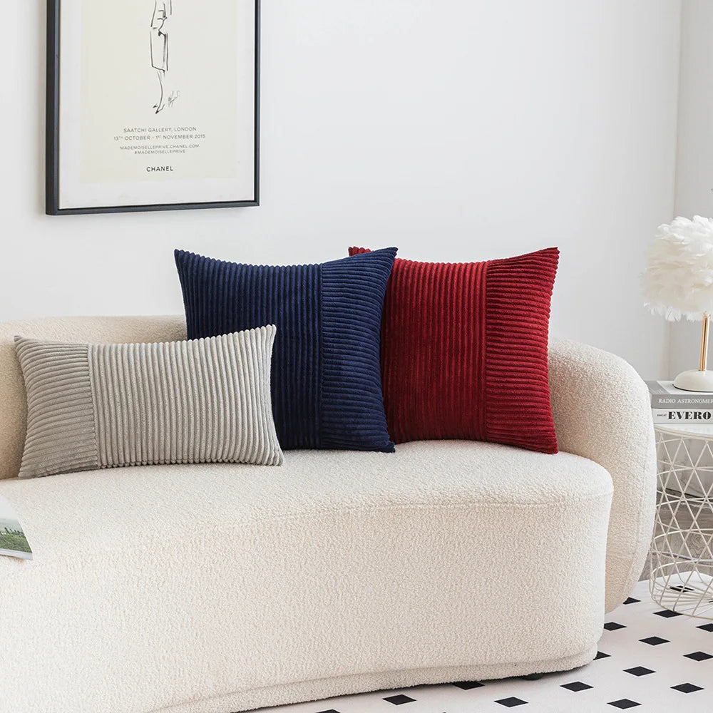 housse coussin velours côtelé rayures rouges vertes décorations noël salon moderne deux pièces