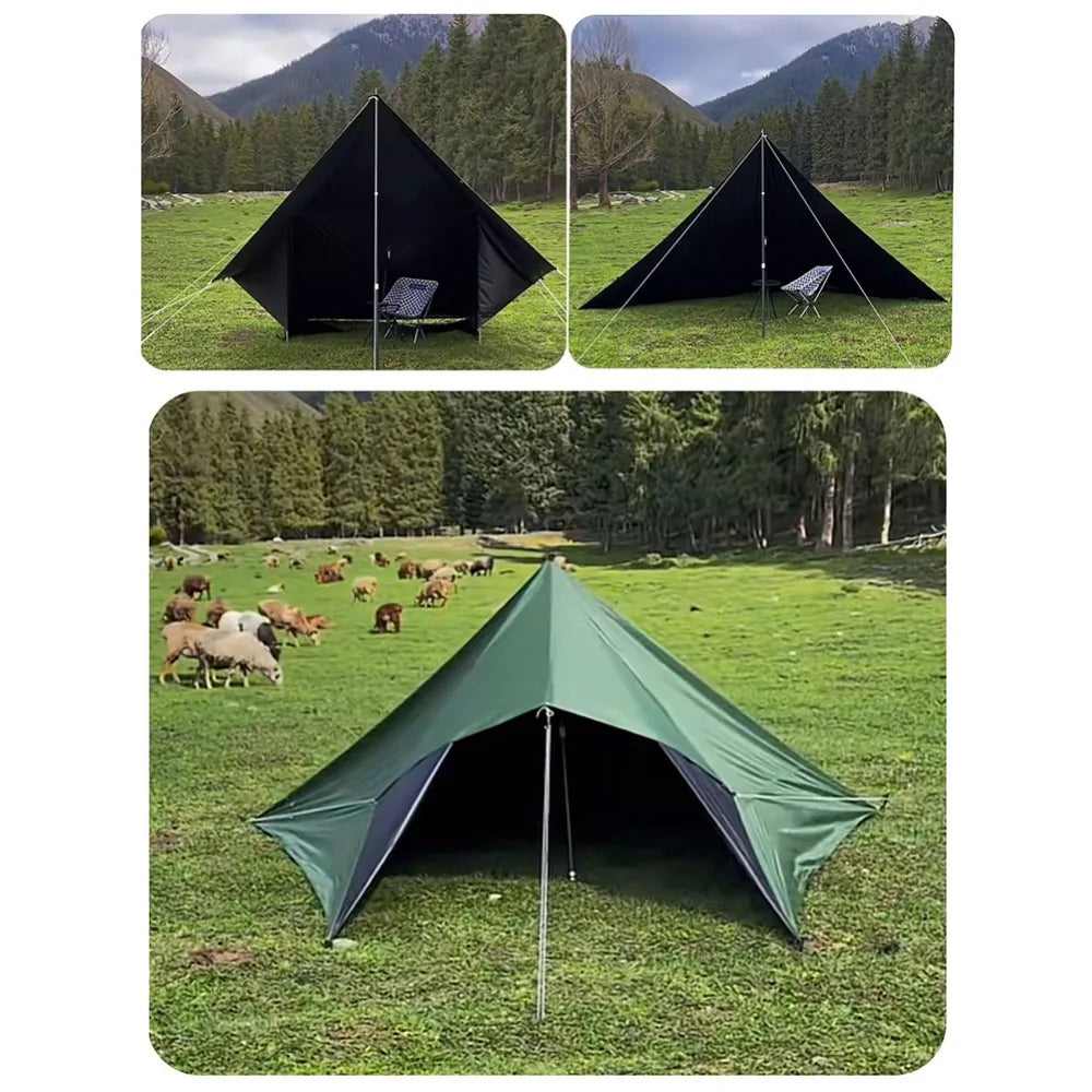 tarp polyvalent camping abri toile épaisse occlusion variable configurations multiples adaptateur