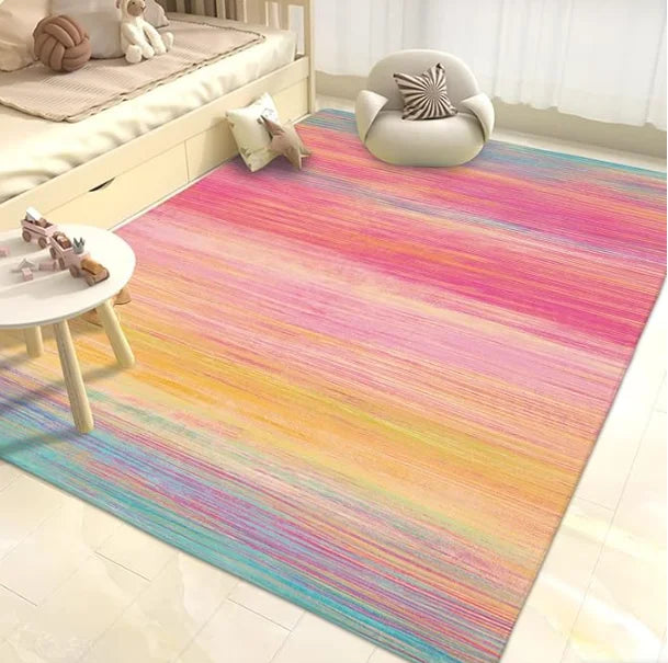tapis multicolore moderne rayures floraux polyester antidérapant salon chambre bleu rose