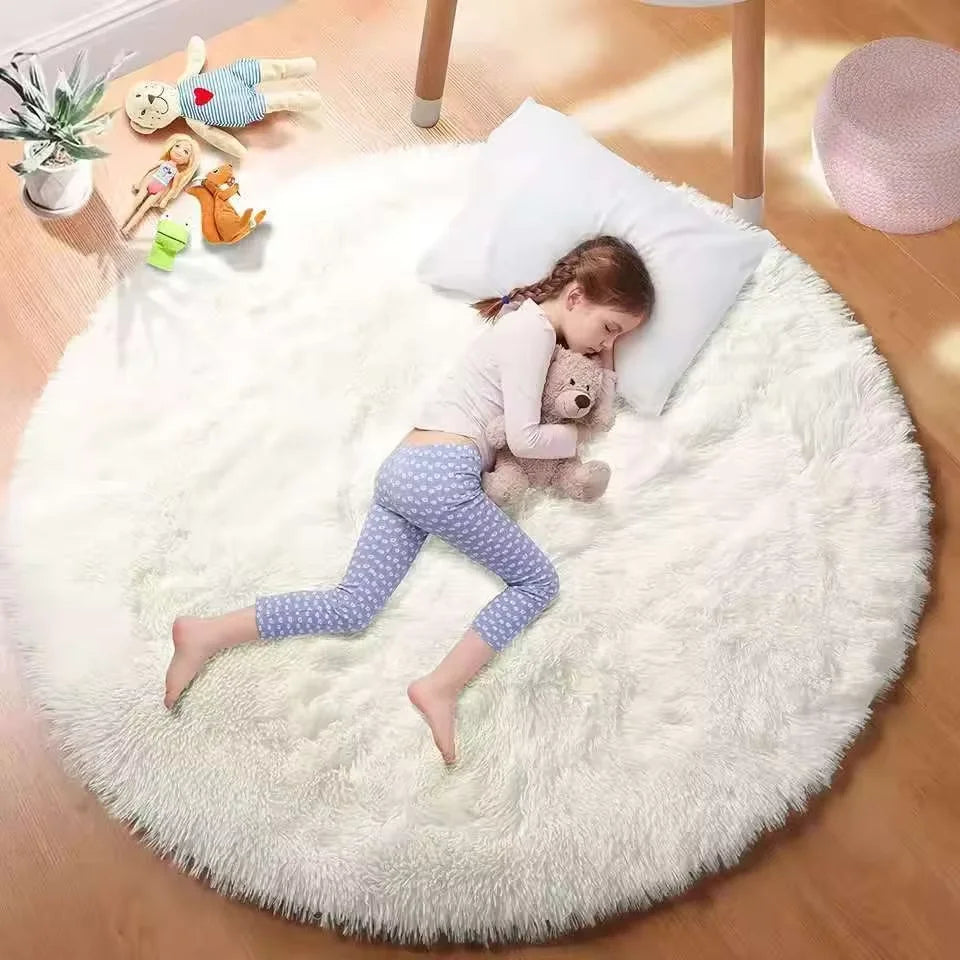 tapis rond peluche rose clair doux confortable moderne chambre salon maison intérieur décoratif