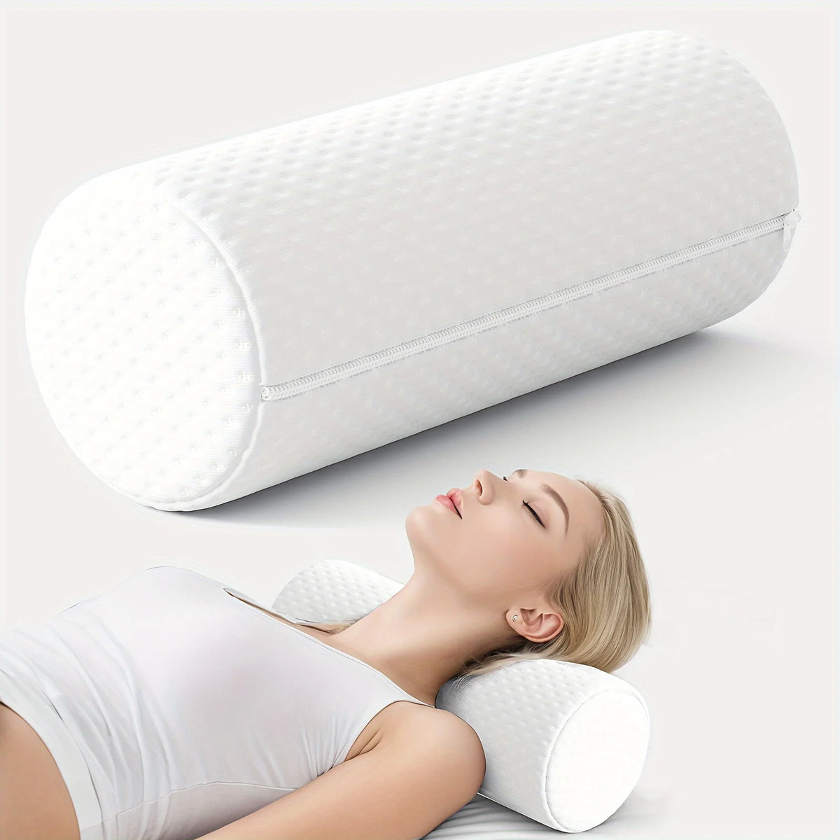 coussin ergonomique blanc mousse mémoire forme conique texture pointillée zip 15x40cm lit massage cervical