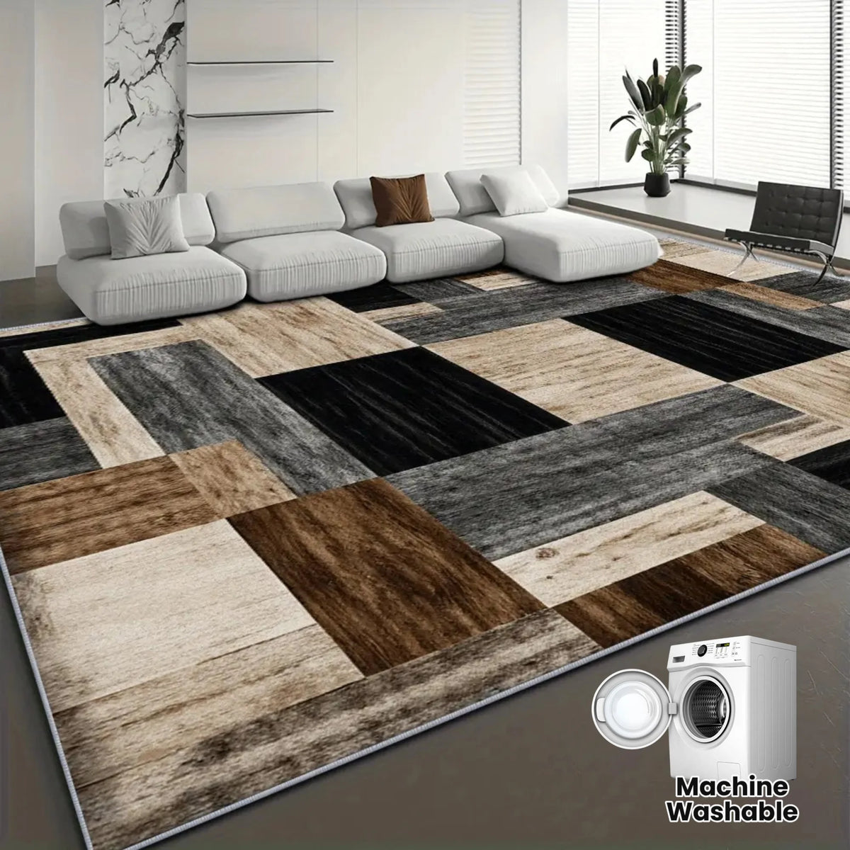 tapis moderne géométrique imitation bois noir gris marron polyester antidérapant salon chambre extérieur