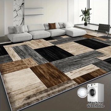tapis moderne géométrique imitation bois noir gris marron polyester antidérapant salon chambre extérieur