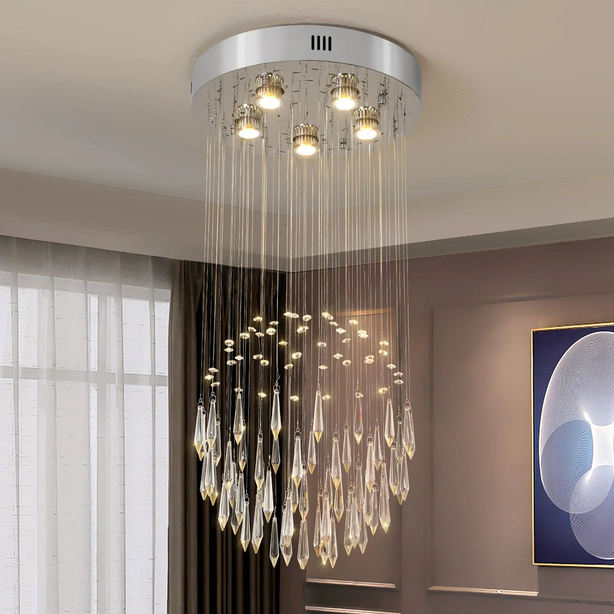 lustre cristal suspendu moderne argenté gouttes transparentes salon salle manger luxe