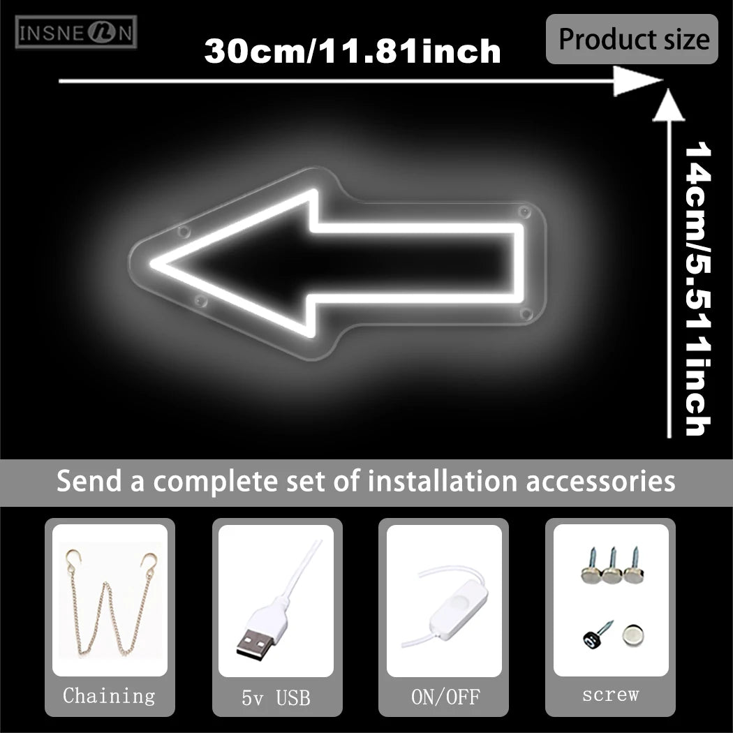 flèche lumineuse néon blanc flèche noire moderne minimaliste interrupteur usb câble vis chainette