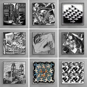 tableau deco noir blanc geometrique escher illusion optique oiseaux poissons escaliers