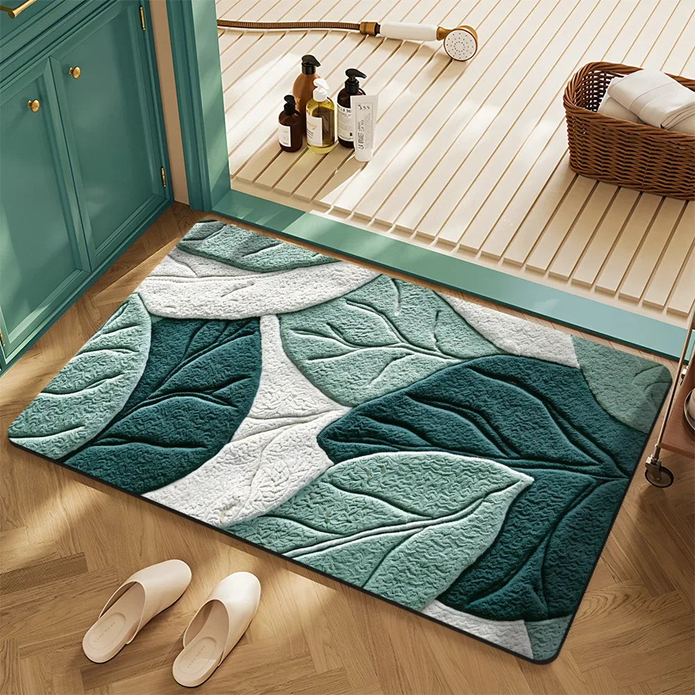 tapis moderne floral relief vert foncé rose blanc entrée bain lettres cœur feuilles