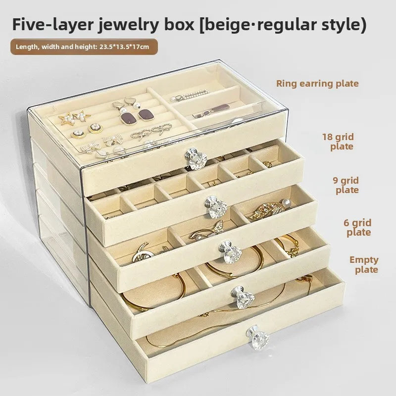 boîte bijoux velours beige clair poignées moderne rangement colliers bagues montres boucles d'oreilles