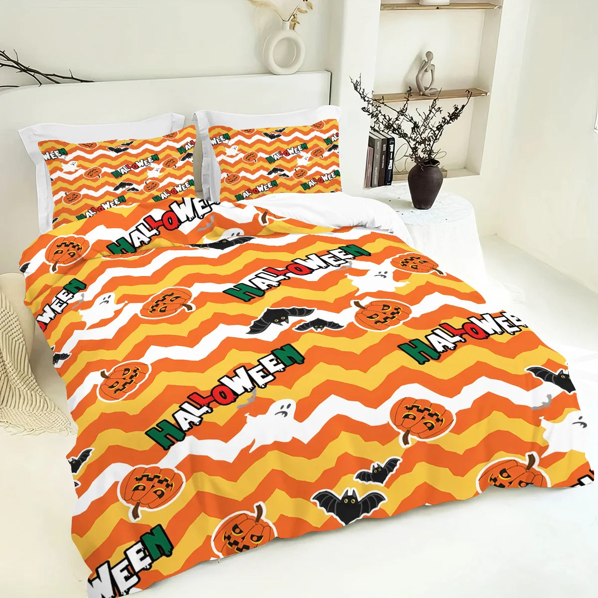 housse couette citrouille halloween rayures ondulées orange blanc noir double king queen