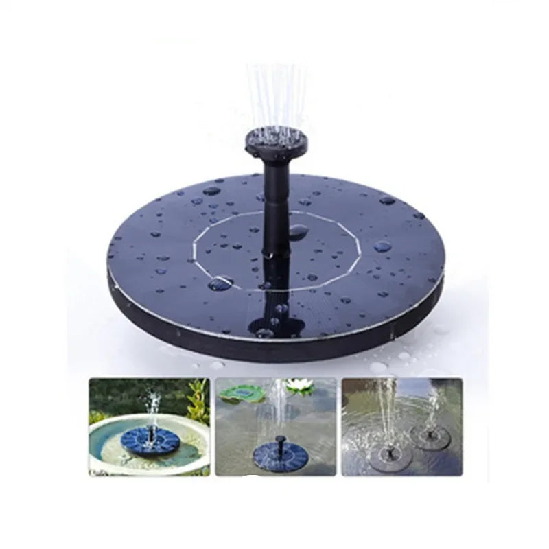 fontaine solaire jardin moderne panneau noir rayures blanches adhésifs tuyau notice jets interchangeables