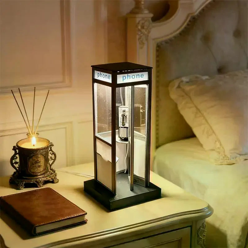 lampe table rétro cabine téléphonique noir beige gris téléphone vintage transparent mat led