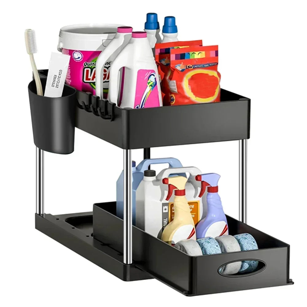 étagère deux niveaux noir moderne clips rangement cuisine salle bain imperméable multifonctionnelle plastique