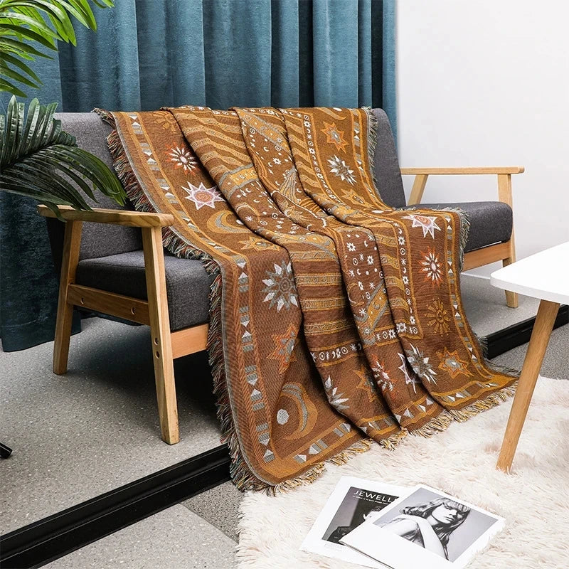 couverture jacquard boho chic marron étoiles lunes cercles anti boulochage printemps automne decoration exterieure