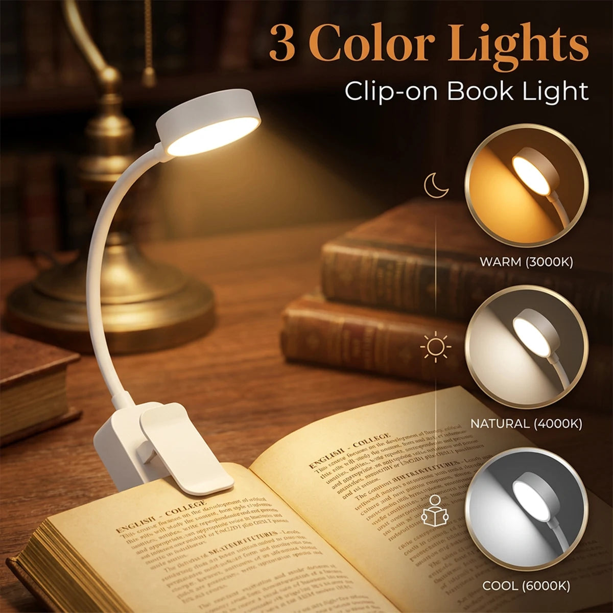 lampe lecture pince rechargeable anti lueur bleue températures luminosité flexible moderne blanc mat