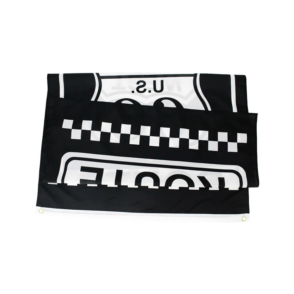 drapeau route 66 historique noir blanc carreaux dorés super tex polyester vintage 120cm 180cm