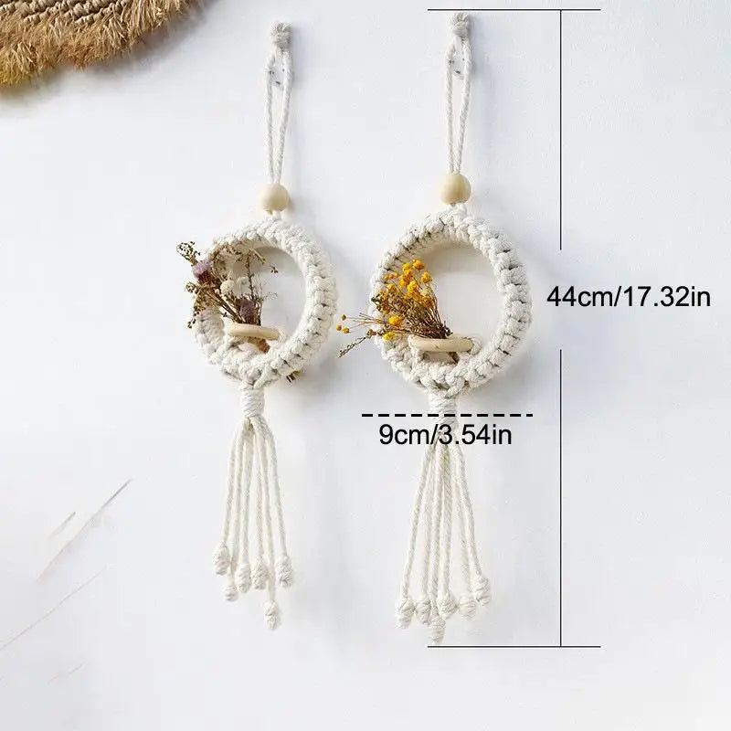 support mural macramé blanc tissé main boho artisanal crochet métal fleurs séchées