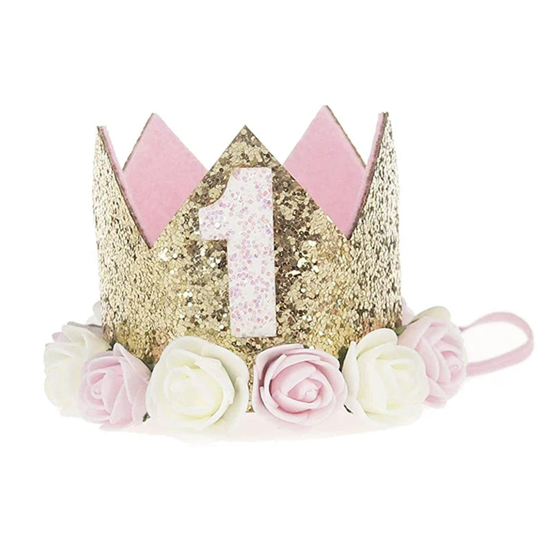 couronne fête enfant rose chiffre fleurs artificielles paillettes dorées anniversaire baptême révélation sexe journée