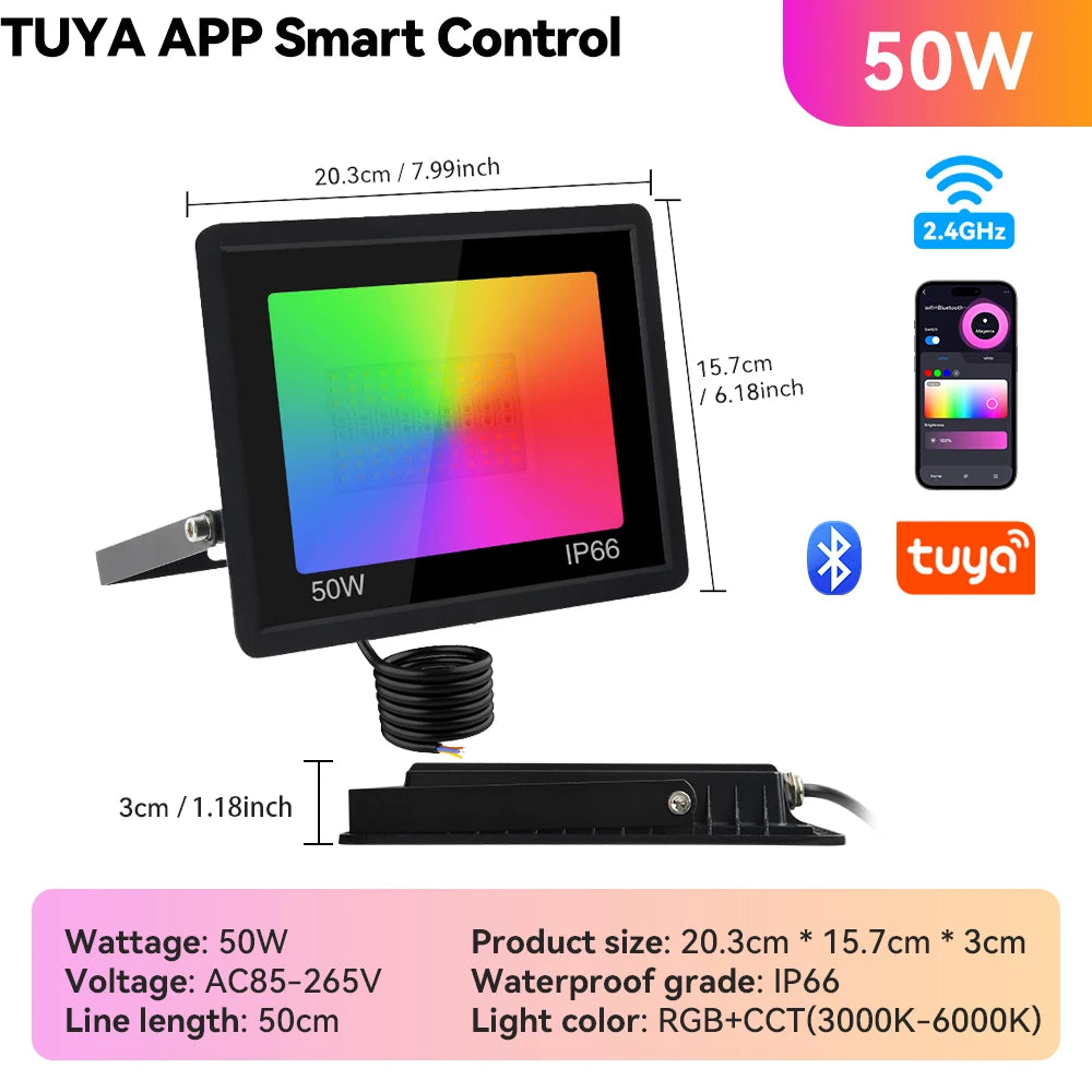 projecteur led ip66 rgb moderne télécommande tuya câble noir extérieur intérieur
