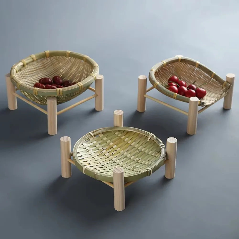 assiettes bambou tissées vert clair beige assiettes traditionnelles empilables multifonctionnels pieds bois