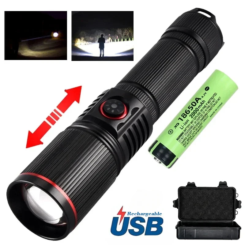 lampe torche led rechargeable 30w intense 500m rayures noire camping