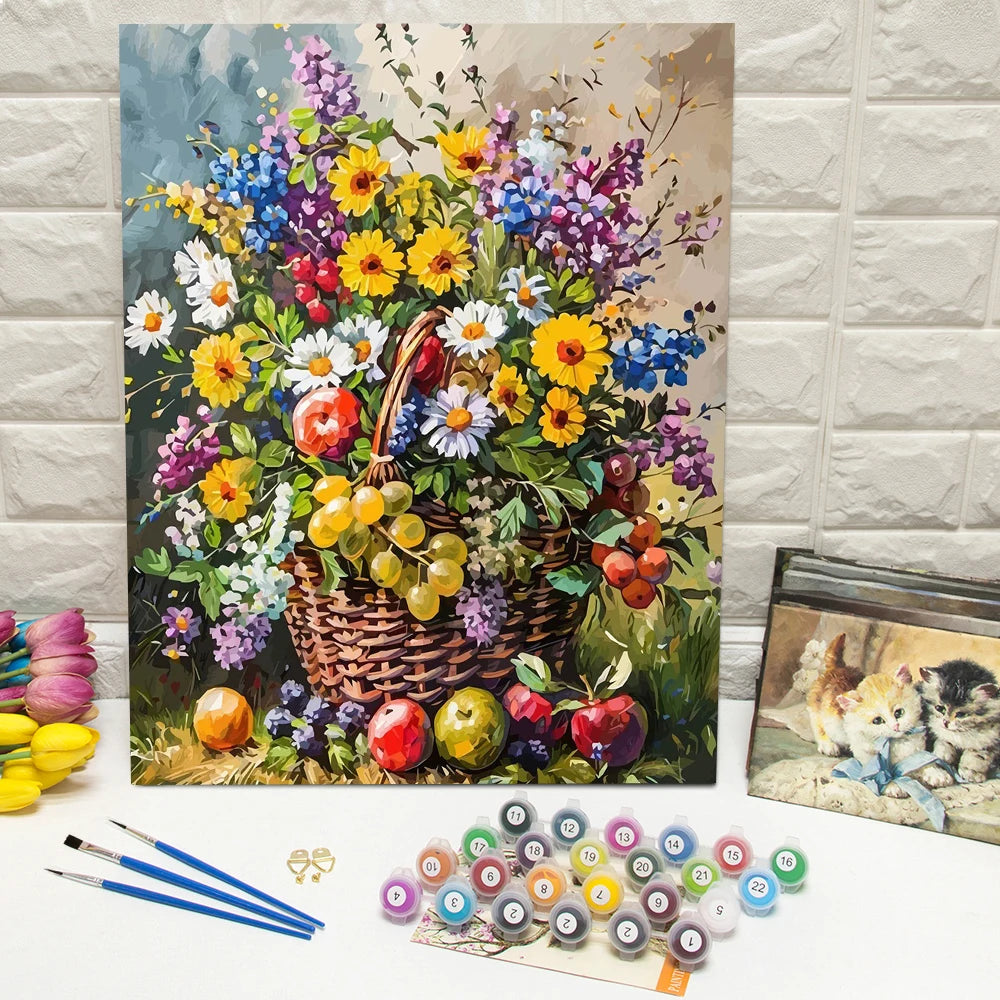 tableau peindre fleurs fruits panier toile multicolore starter kit pinceaux peintures crochets vis débutants