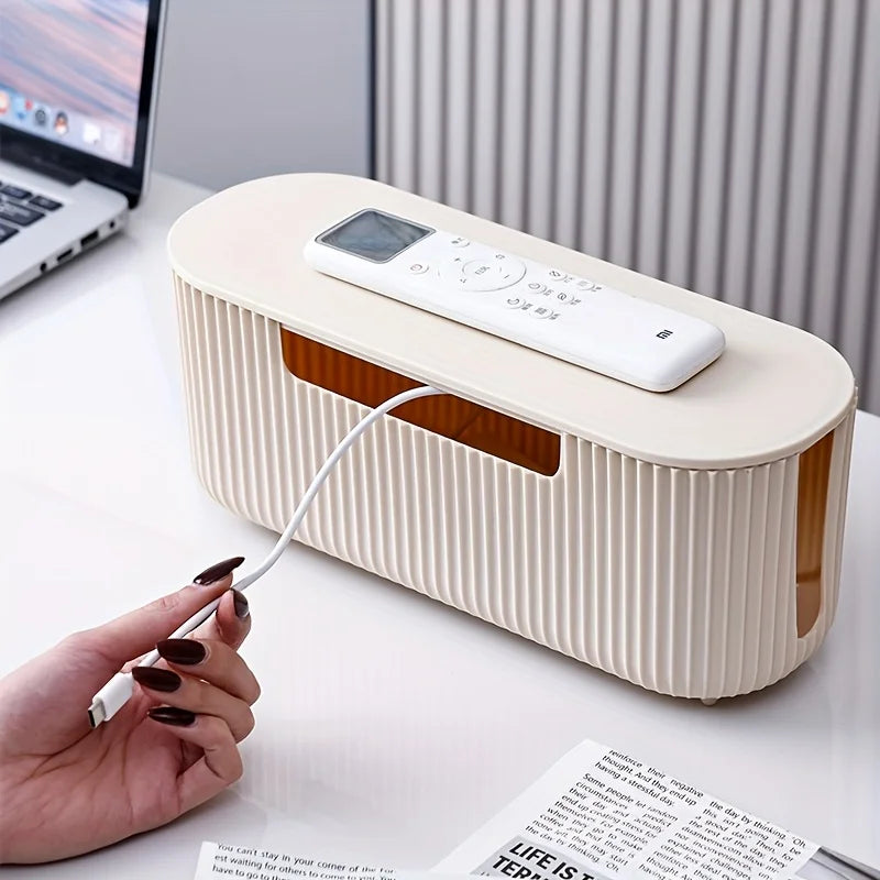 boîte rangement câbles moderne beige rayures vertical minimaliste organizer desk
