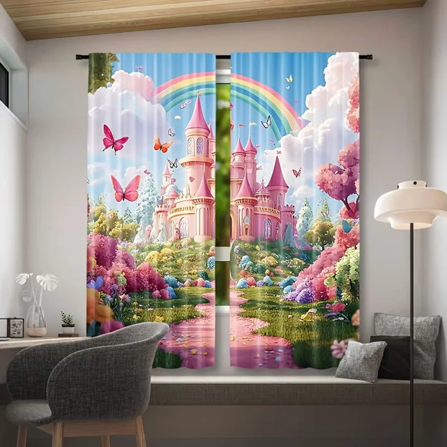 rideau multicolore motif féerique château arc ciel papillons nuages fleurs fantaisie enfantin polyester 100