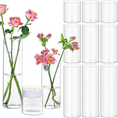 Lot de 12 vases cylindriques en verre transparent pour decoration interieur