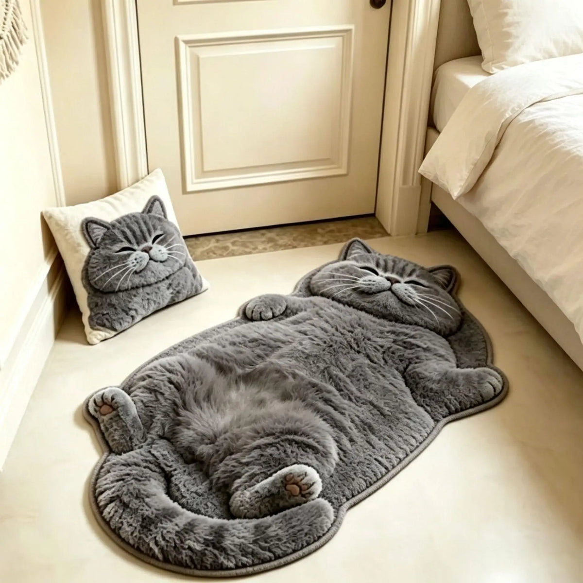 tapis sol chat tigré peluche gris blanc beige doux antidérapant chambre salon maison