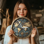 horloge murale vintage carte monde boussole bleu doré aiguille silencieuse salle manger