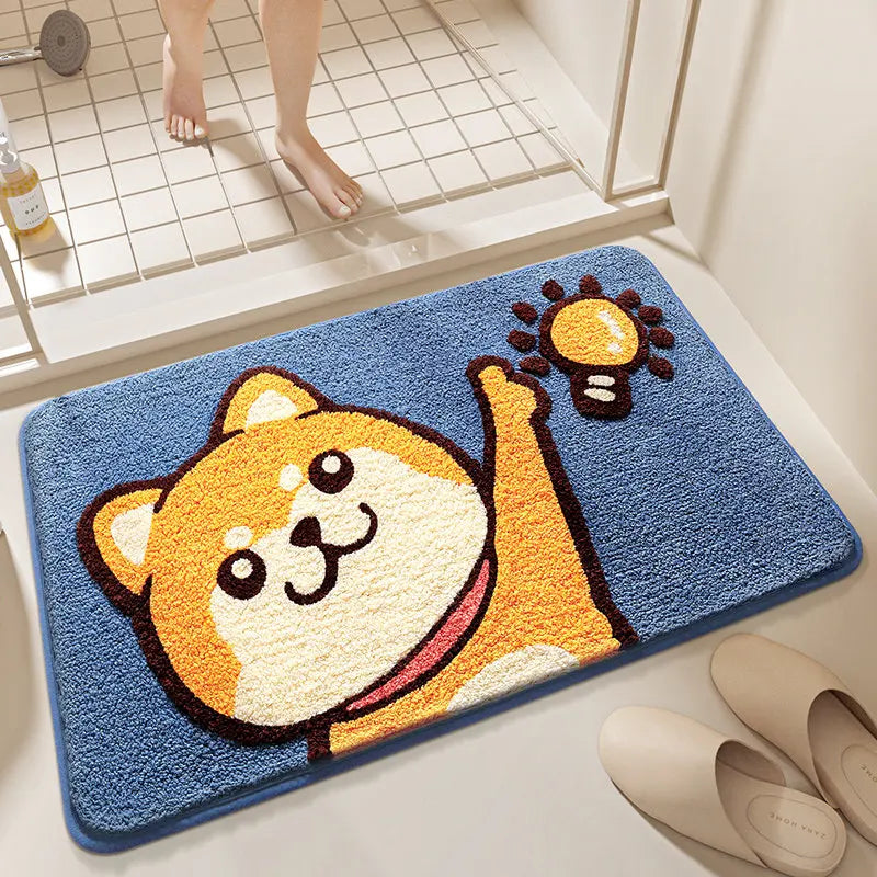 tapis bain antidérapant polyester shiba inu enfant moderne blanc bleu orange
