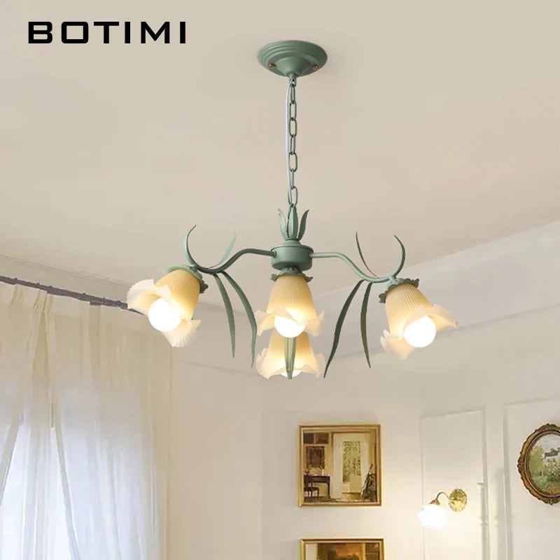 lampe suspendue moderne fleurs vert blanc abat jour verre dépoli led salon chambre