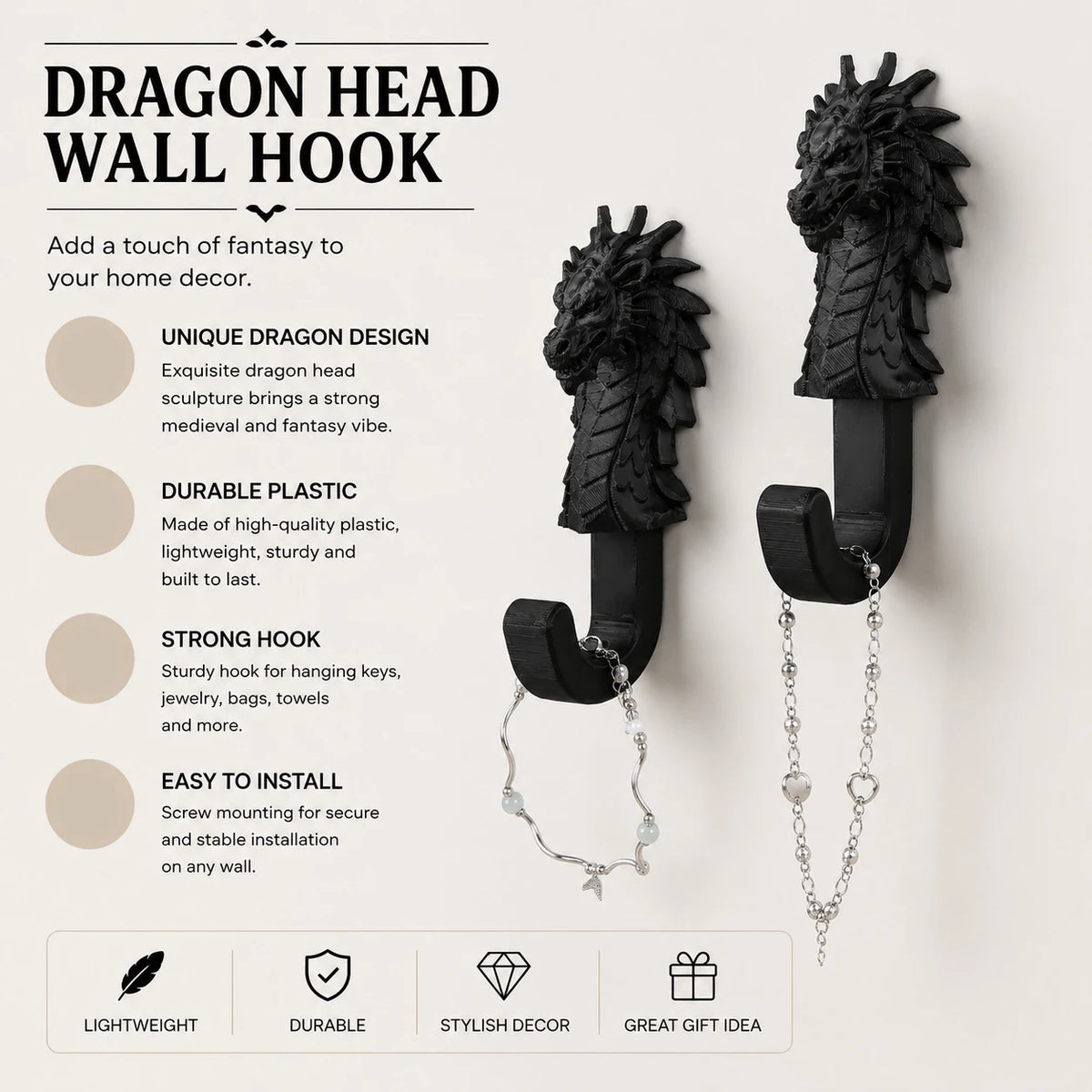 tête dragon noir sculpté fantasy crochet mural décoration gothique entrée médiéval écailles éléments texturés