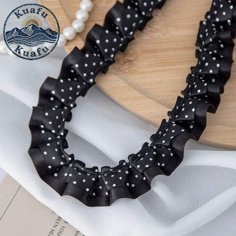 ruban plissé dentelle polyester largeur 2.5cm mariage noir blanc rose bleu violet points noirs