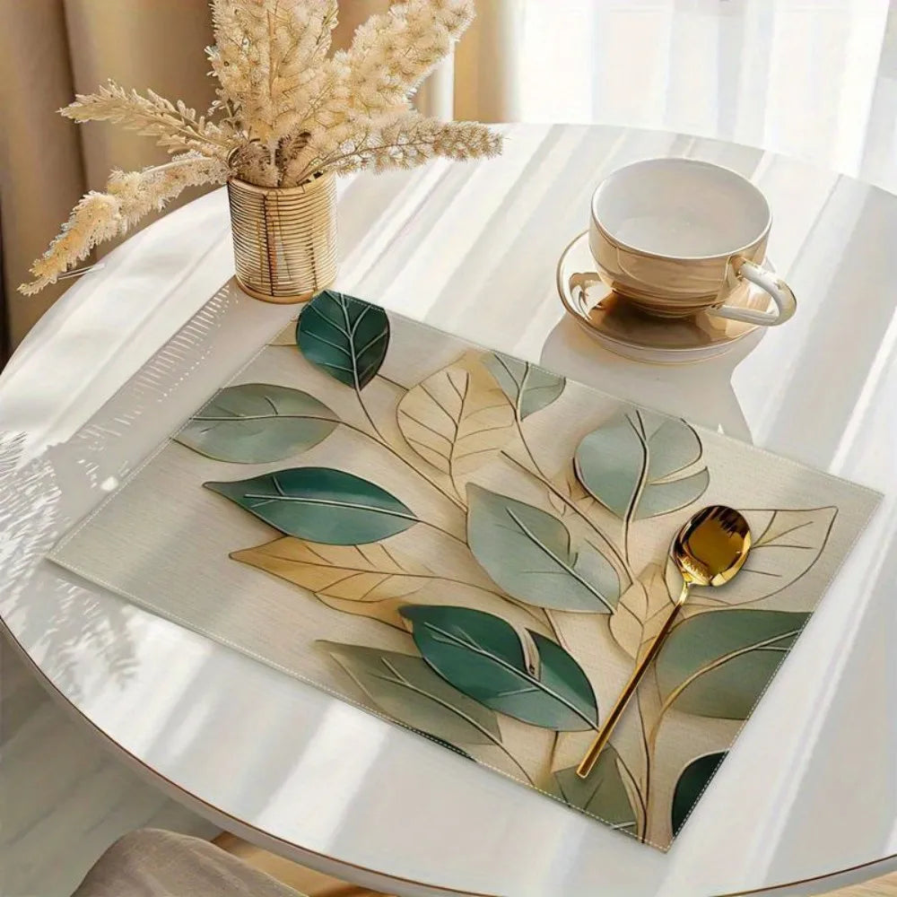 serviettes table lin feuilles stylisées vert beige moderne élégant été mariage remise diplômes