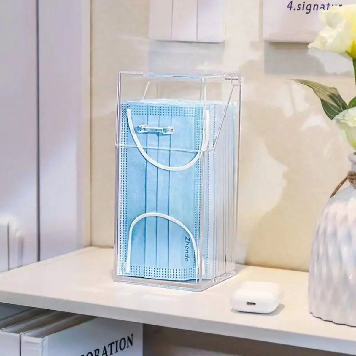 boîte rangement masques jetables transparente bleu clair moderne pratique poignées blanches 50pcs 40pcs