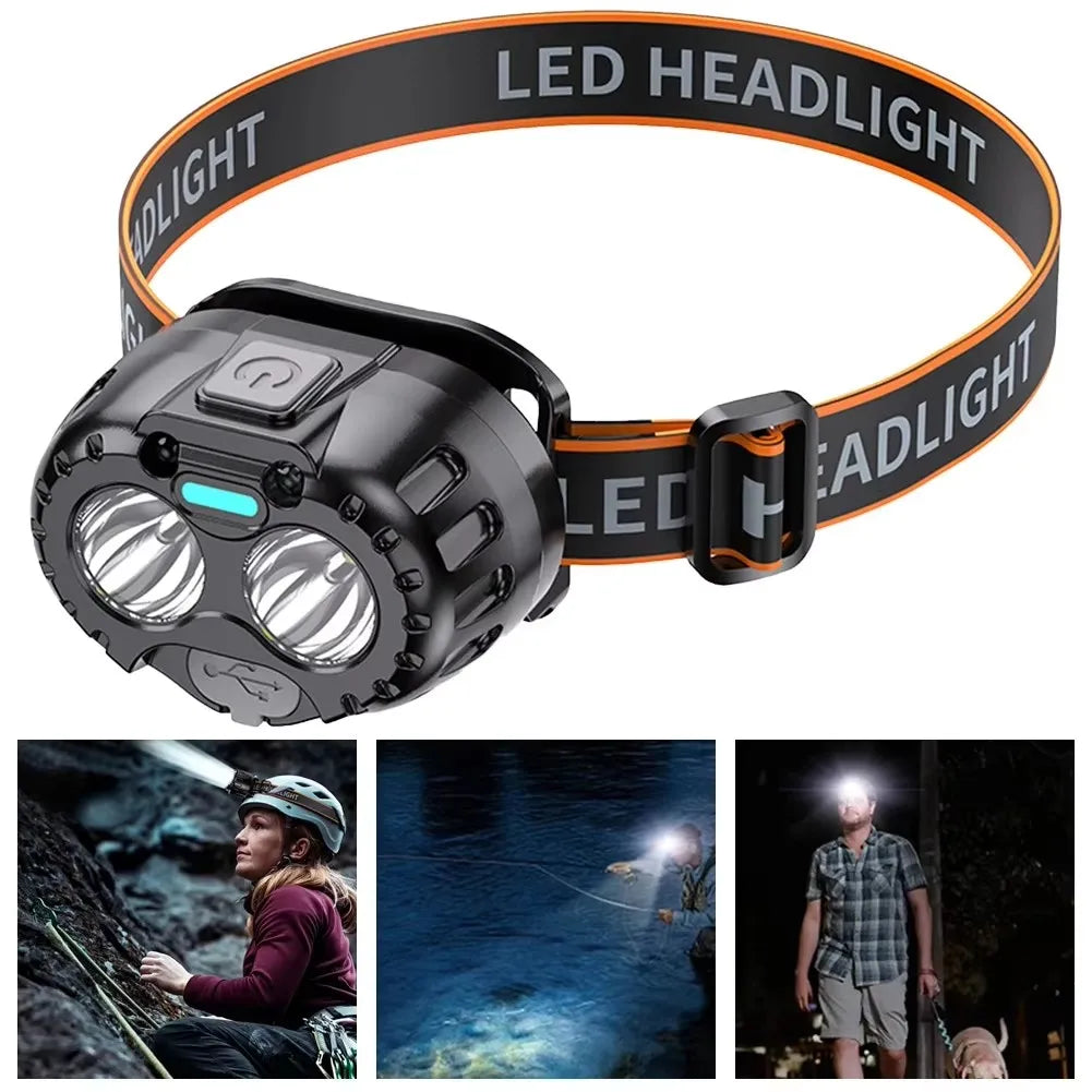 lampe frontale led rechargeable capteur mouvement sensoriel ceinture ajustable mode haut moyen bas đèn