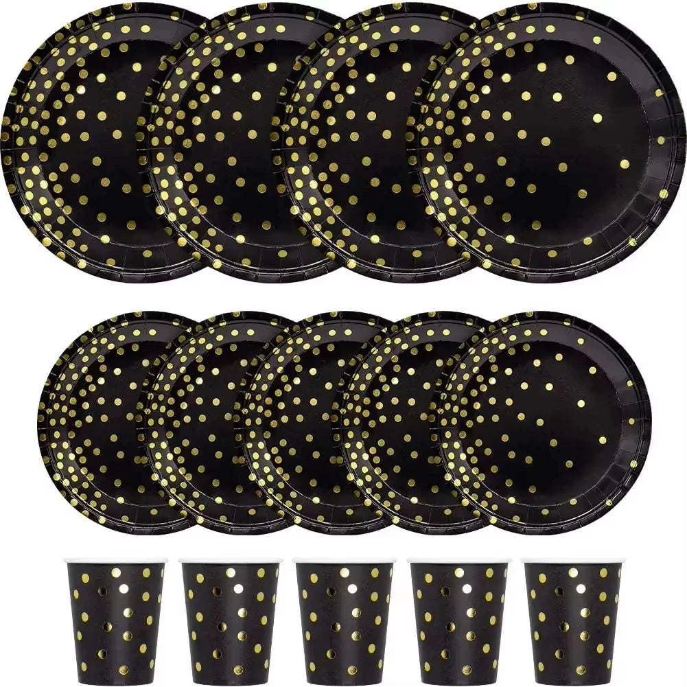 assiettes pois dorés noires gobelets serviettes tablecloth fête anniversaire mariage nouveauannée
