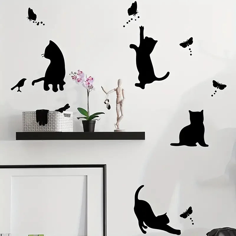 Stickers muraux silhouettes chats papillons noir adhésifs chambre entrée salon porche décoration maison